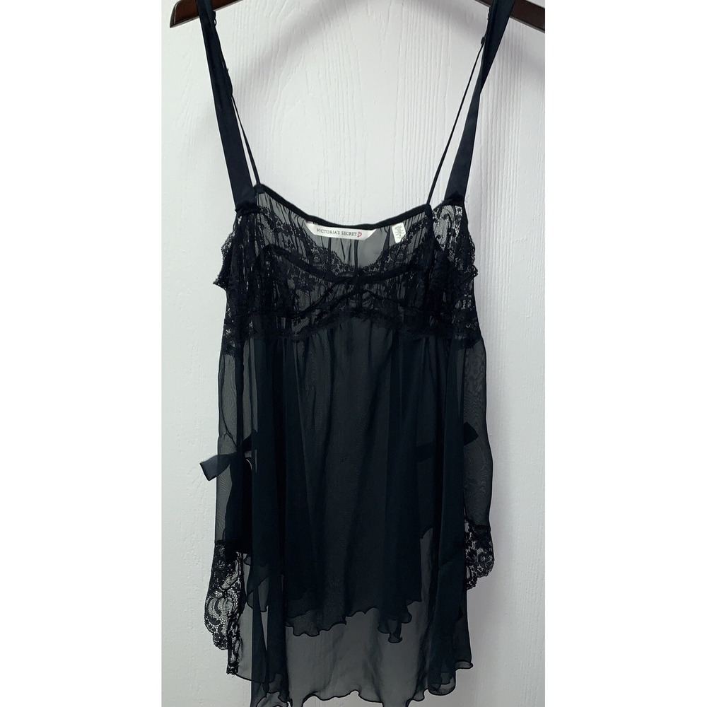 Victoria's Secret Chemise Womens Med Negligee Babydoll Black Lace Sheer Top